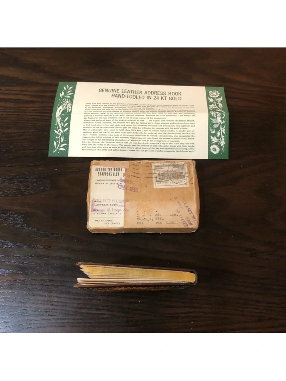 NIB AUSTRIA Genuine Leather Vintage Address Book Hand-Tooled in 24 KT Gold NIB